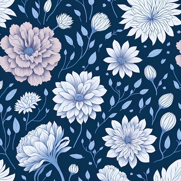 A blue floral pattern with flowers on a dark blue background.