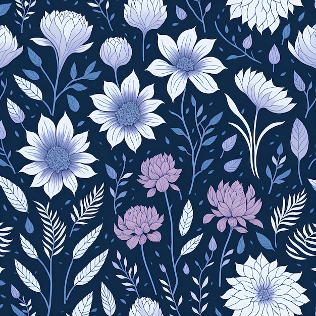 A blue floral pattern with flowers on a dark blue background.