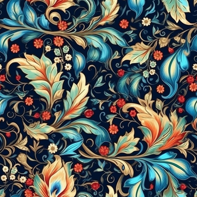 A blue floral pattern with flowers and leaves.