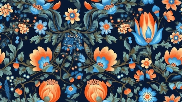 A blue floral pattern with orange and blue flowers and leaves.