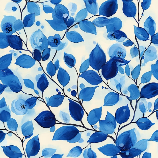 Photo blue floral seamless pattern hand drawn watercolor flowers and leaves on white background