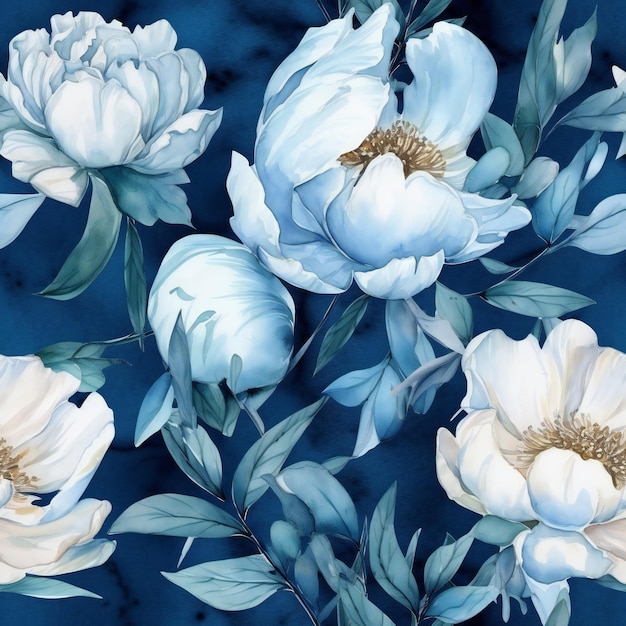 A blue floral wallpaper with white flowers and leaves.