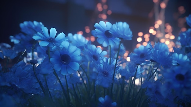 A blue flower in front of a lit up house