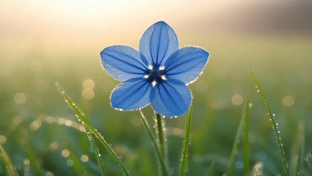 a blue flower in the grass with water drops