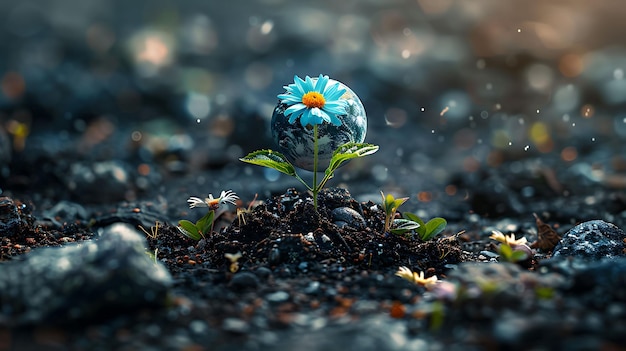 a blue flower growing in the dirt with water drops