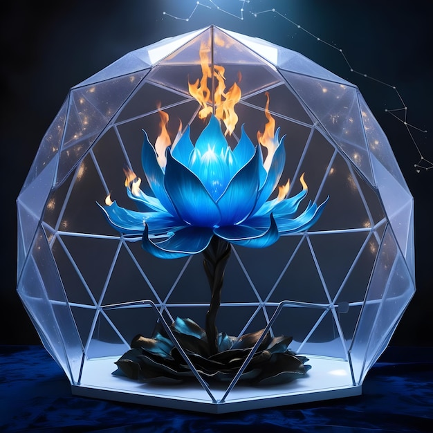 a blue flower inside of a bubble with a flame inside