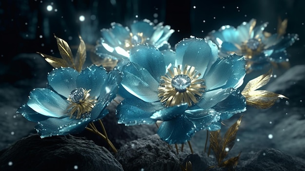 A blue flower is covered in water droplets.