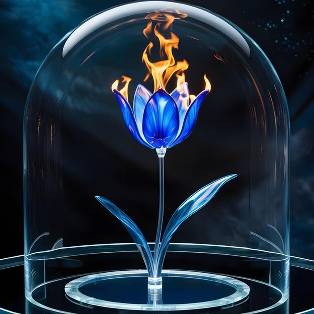 a blue flower is in a glass container with the flame inside