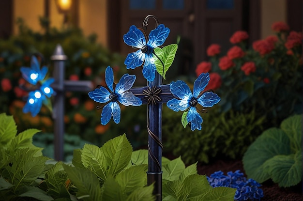 a blue flower is in a pot with a cross on it