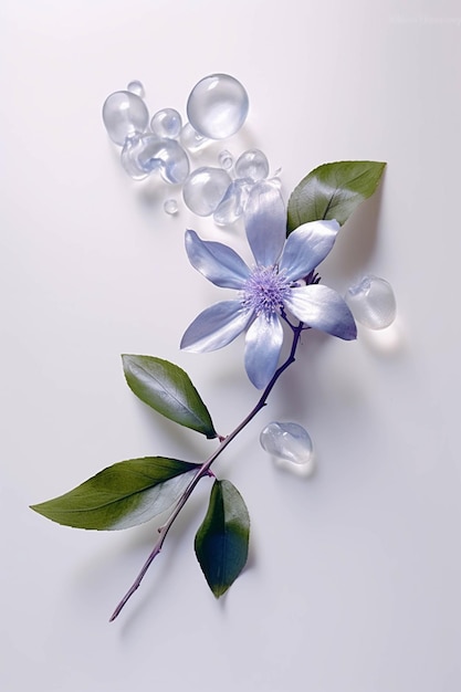 A blue flower made of glass with water droplets on it