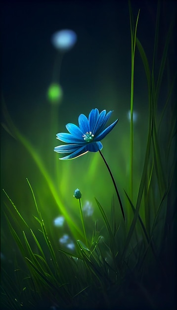 Blue flower sitting on top of a lush green field generative ai