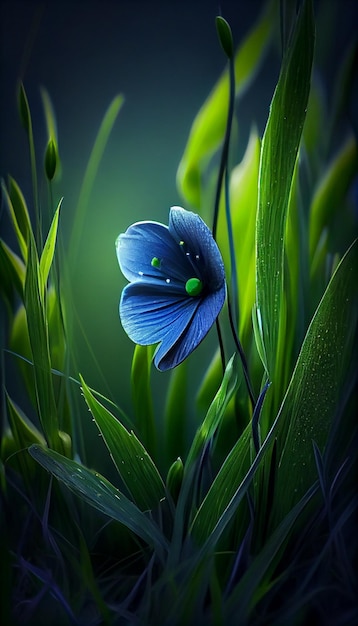 Blue flower sitting on top of a lush green field generative ai