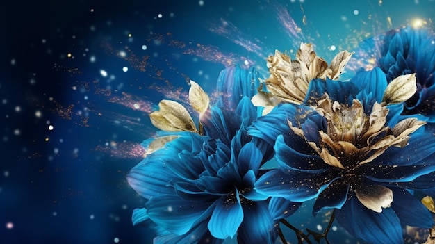 A blue flower with gold leaves on it