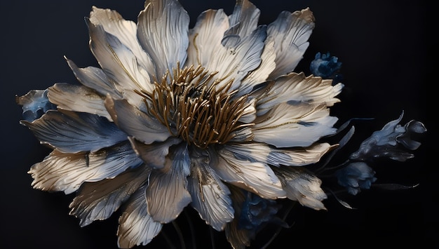 A blue flower with intricate details painted in gold leaf Generative AI