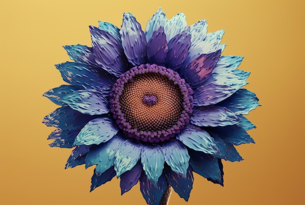 A blue flower with purple petals and a purple center.