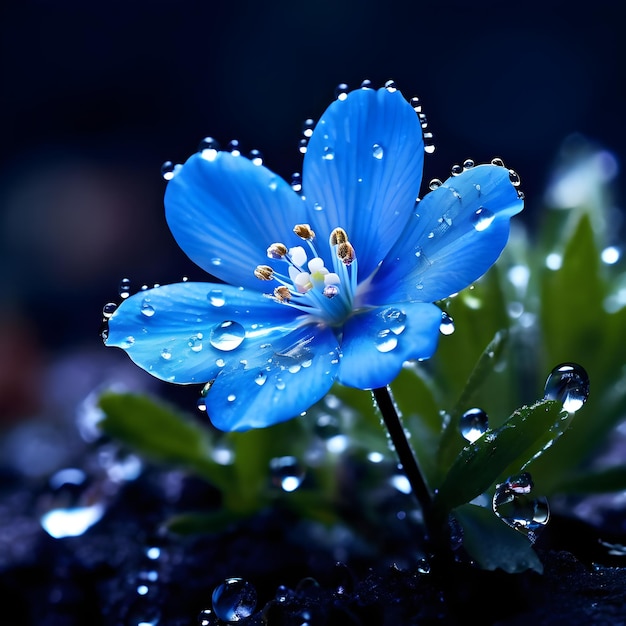 a blue flower with water drops on it