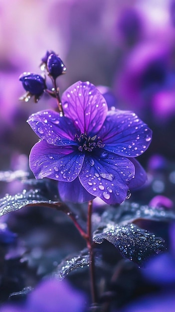 a blue flower with water drops on it