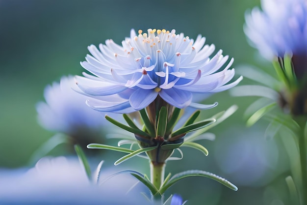 a blue flower with white petals and a green stem.