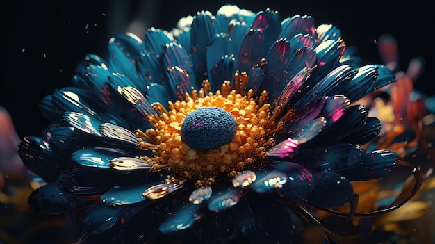 A blue flower with a yellow center and blue petals