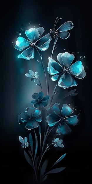 Blue flowers on a black background