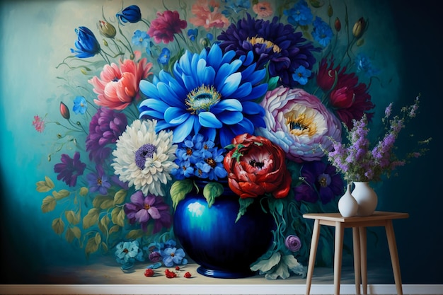 Blue flowers and colorful flowers oil painting.