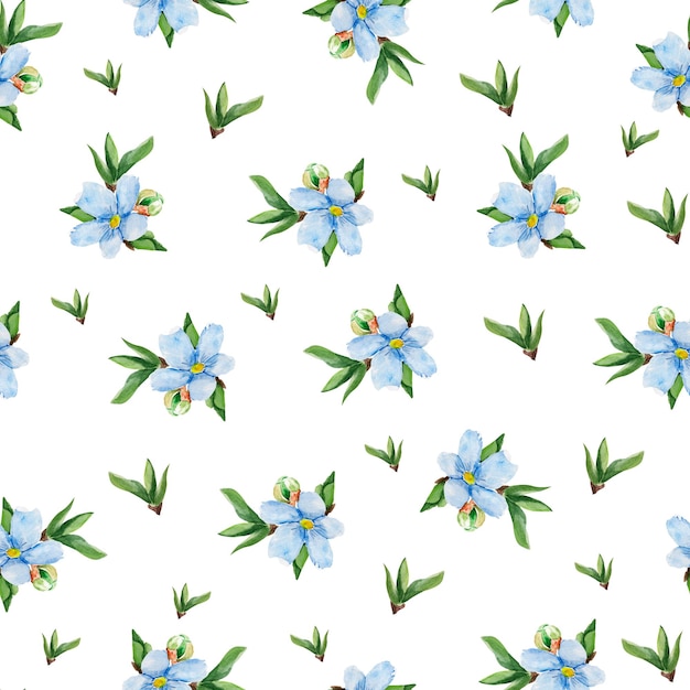 Blue flowers on tree branch watercolor seamless pattern