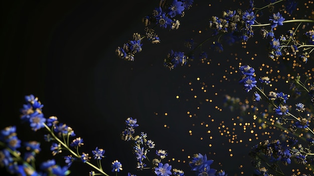 Photo blue flowers with golden bokeh on a black background a romantic and elegant floral design