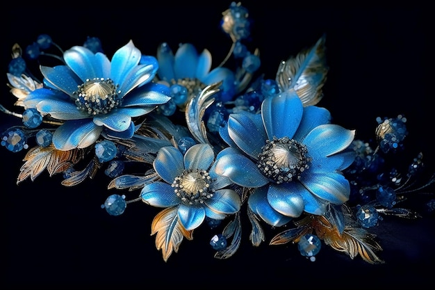 Blue flowers with ornaments on blue background AI generative