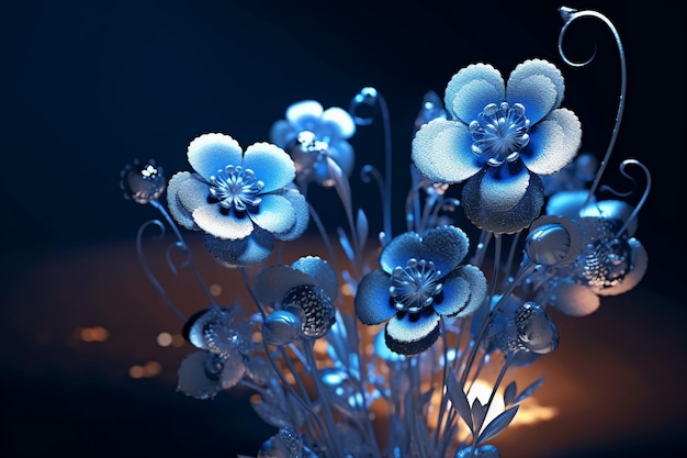 Blue flowers with ornaments on blue background AI generative