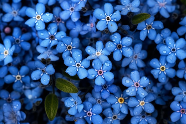 Blue flowers with a yellow center and one with a black dot in the middle.