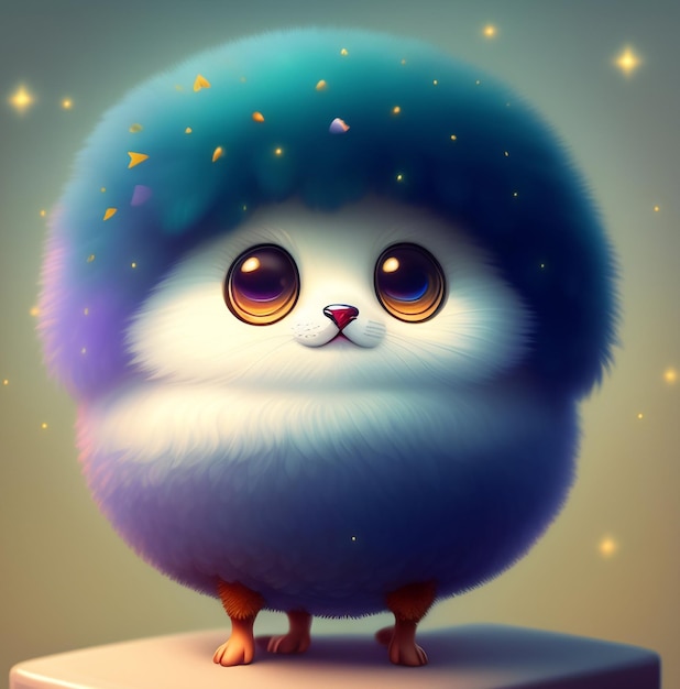 A blue fluffy cat with purple eyes and purple hair is on a white pedestal.