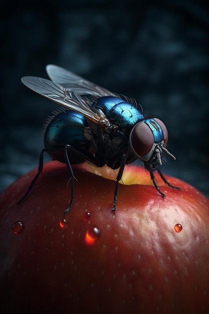 A blue fly sits on a red apple with a drop of water on it.