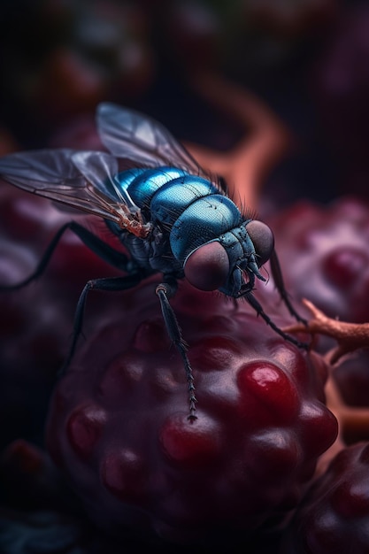 A blue fly sits on a red berry.