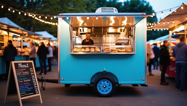 A blue food truck with its window open displaying various food items sits in a busy outdoor market