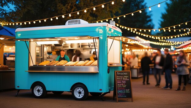 A blue food truck with a menu board and string lights stands at a bustling night market serving food to a crowd of people