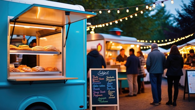 A blue food truck with a selection of pastries on display at a bustling food market with string lights a chalkboard sign and people waiting in line