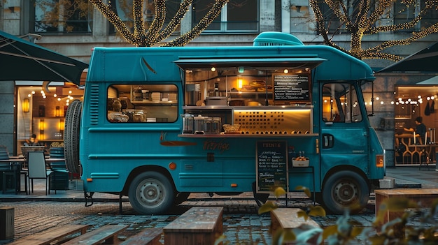 a blue food truck with a sign that says quot food quot on it