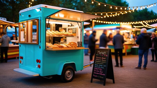 A blue food truck with a signboard and a variety of baked goods inside is parked at a night market with people visiting other food stalls