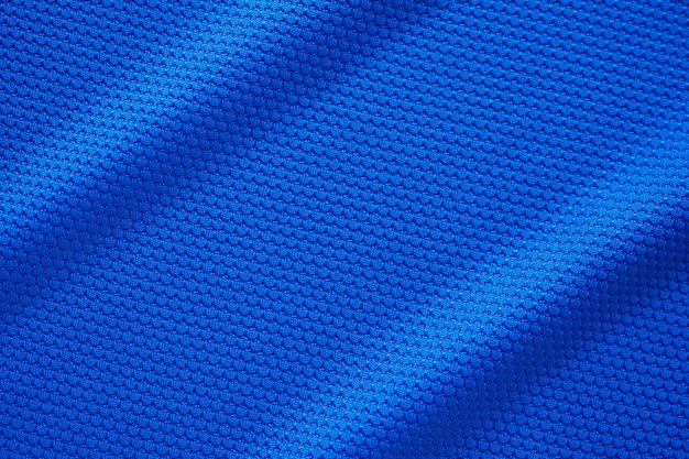 Blue football jersey clothing fabric texture sports wear background close up top view