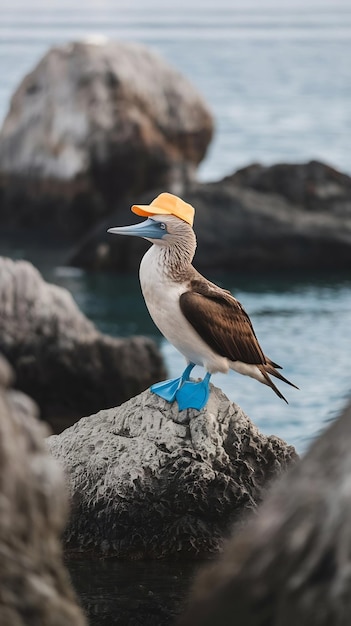 Photo blue footed booby on rock