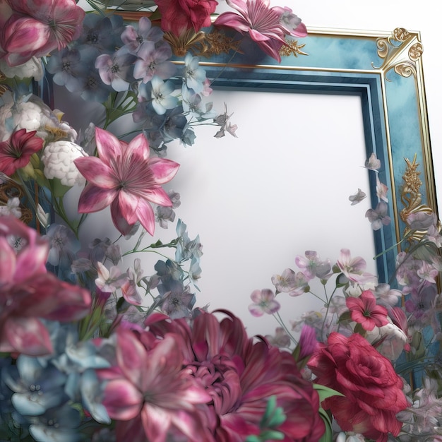 A blue frame with flowers and a gold frame with a blue border.