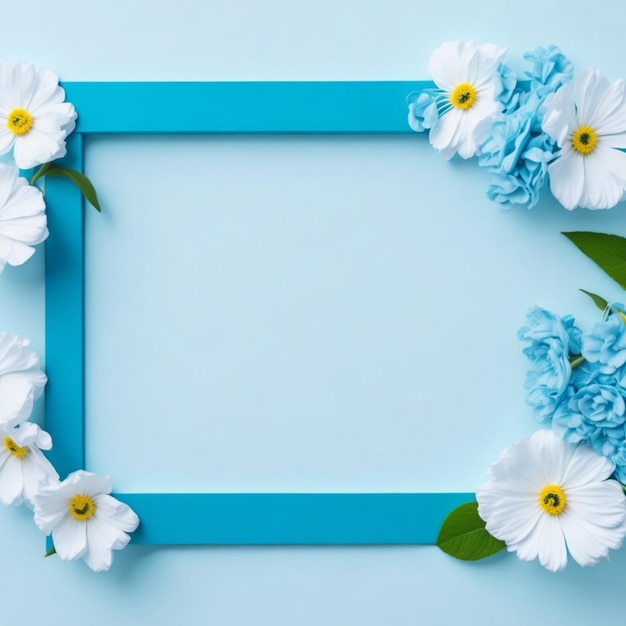 A blue frame with white and blue flowers on a blue background.