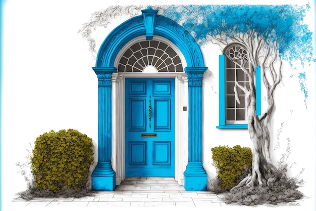 Blue front door of house with arched opening on white background