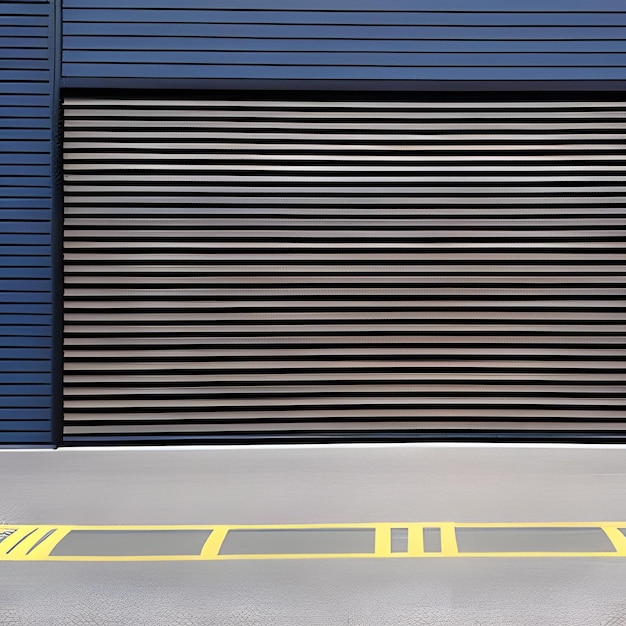 Photo a blue garage door with a yellow line that says " no parking ".