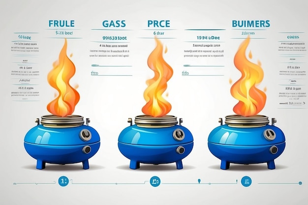 Photo blue gas burners with fire and price concept chart