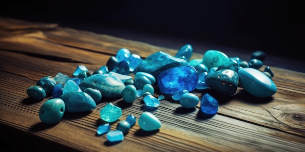 Blue gems on rustic wooden table