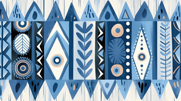 Photo blue geometric ethnic scandinavian tribal nordic symbols pattern with triangles and leaves