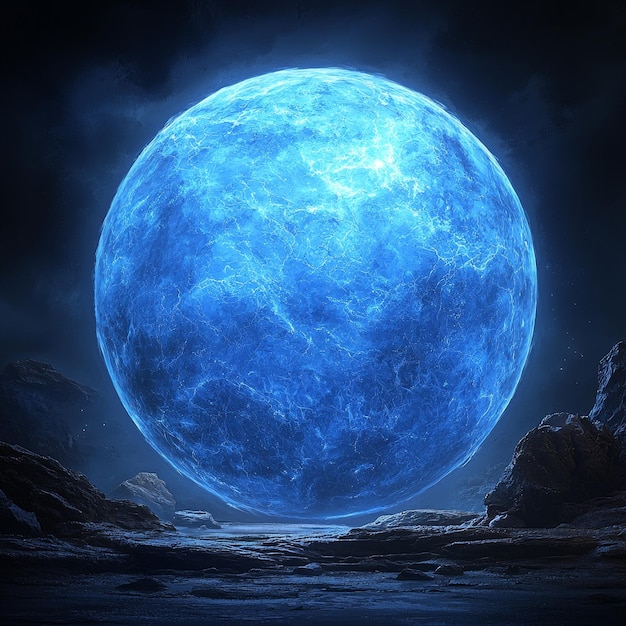 Photo blue giant moon in an alien landscape