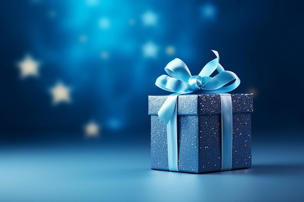 A blue gift on a blurred holiday background