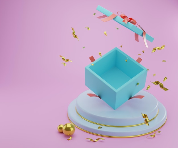 The blue gift box set on the podium, the box opened,pink background 3d rendering.